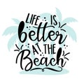 Life is better at the Beach - Modern calligraphy, with palm tree isloated on white backgound.