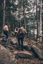 Life is better with friends. Full length rear view of young people in warm clothing moving up while hiking together in the woods