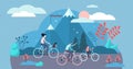 Daily life bike ride vector illustration. Tiny transport persons concept.