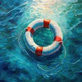 Life buoy on blue choppy water. Rescue on the sea. Generative AI Royalty Free Stock Photo