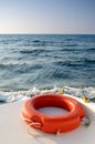 Life buoy on the boat sailing in the sea Royalty Free Stock Photo