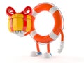 Life buoy character holding gift Royalty Free Stock Photo