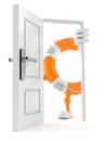 Life buoy character standing close to open door Royalty Free Stock Photo
