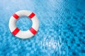 Life Buoy in a Clear Pool Water. Life Belt or Life Preserver Floating on Top of Sunny Blue Water. Safety Equipment, Blue and White Royalty Free Stock Photo
