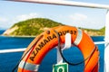 Life buoy on the cruise ship Azamara Quest while anchored in the port of Guadalupe, Caribbean, 2019 Royalty Free Stock Photo