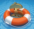 Life buoy with a dollar symbol in the water Royalty Free Stock Photo