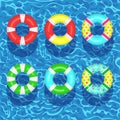 Life buoy floating in swimming pool. Beach rubber ring on water isolated on background. Lifebuoy, cute toy for children. Royalty Free Stock Photo
