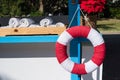 Life buoy or lifesaver, hanging at swimming pool.