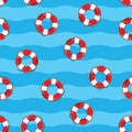 Life buoy pattern on blue sea background. Pattern lifebuoy with red and white with stripes for sos emergency, for safety Royalty Free Stock Photo