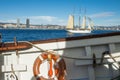 Life buoy on a  sailing ship near the port Royalty Free Stock Photo