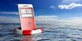 Life buoy and a smartphone on blue sea background. 3d illustration