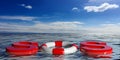 Life buoys on blue sea background. 3d illustration