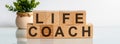 LIFE COACH motivation text on wooden blocks business concept white background. Front view concepts, flower in the background