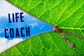 Life coach word under zipper leaf