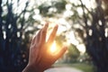 Life Concept. Human`s Hand Raising into the Sky while Sunset. Blurred Tree as background. Start or End of the Day