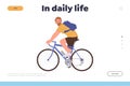 In daily life concept for landing page design template with happy hipster man character cycling