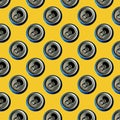 Seamless texture empty beer can on yellow vintage decorative background, repeat tiles, round design template. Sample circles. Royalty Free Stock Photo