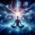 A person in deep meditation, surrounded by psychic waves emanating from their mind.