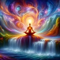 A person in deep meditation, surrounded by psychic waves emanating from their mind.