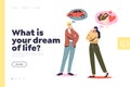 Life dream concept of landing page with young family dreams of new car and romantic gifts