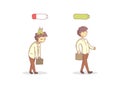 Life Energy, Full of Energy and Tired Man, Businessman with Low and High Full Level Energy Battery Vector Illustration