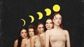 Life energy and stages of growth of moon. Contemporary surreal art collage. Young women standing with moon goddess Royalty Free Stock Photo