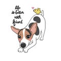 Jack Russell Terrier dog with little bird friend, Life is better with friend word cartoon