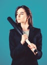 Life game. Pretty and dangerous. Woman pretty girl bear formal jacket and hold baseball bat. Business strategy Royalty Free Stock Photo