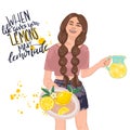 When life give you lemons make lemonade. Hand drawn illustration girl with yellow lemons and lemonade on white background