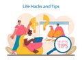 Life Hacks and Tips set. Everyday tasks with creative solutions.