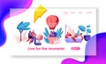 Life for Happy Moment Landing Page. Man and Woman Take Bath with Bubble. Love Couple Fly Air Balloon in Sky. Walk Family with Baby