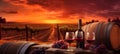 winery beverage bottle barrel wine sunset alcohol grape drink glass. Generative AI. Royalty Free Stock Photo