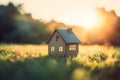 Life and Home Concept: Miniature Model House on Green Grass with Sunlight Abstract Background. created with Generative AI