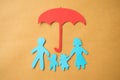 Life insurance concept. Paper cutout of family father, mother, son and daughter under red umbrella on paper background. Royalty Free Stock Photo