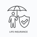 Life insurance flat line icon. Vector outline illustration of man standing under umbrella near shield. Black thin linear