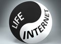 Life and internet in balance - pictured as words Life, internet and yin yang symbol, to show harmony between Life and internet, 3d