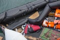 Life Jackets discarded and sunken Turkish boat in the port. Royalty Free Stock Photo