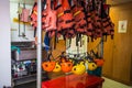 Life jackets and helmets on board of the Greenpeace Raimbow Worrior Boat, anchored in the port of Genoa, Italy.