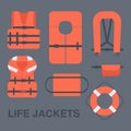 Life jackets types flat icons set