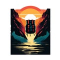 life jackets vector illustration IN WATERFALL SUNSET BACKGROUND T SHIRT DESIGN