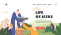 Life of Jesus Christ Landing Page Template. Apostle Giving Food to Woman and Son. Character Feeding Hungry Hearers