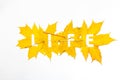 Life. Letters carved from wedge leaves