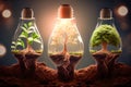 life in light bulbs. plant inside a glass incandescent light bulb. environmental content. Generative AI Royalty Free Stock Photo