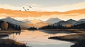 Life-like Avian Illustration Of A Sunset Over Mountains And Lake