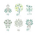 Life Logo Design with Human Silhouette as Tree with Lush Leaf Crown Vector Set Royalty Free Stock Photo