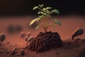 Life on Mars. Sprout of a green plant in the red soil of Mars. Realistic generated AI