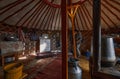 Life of the Mongolian Yurt. Interior of the nomad`s house. Mongol family at home. 06.09.2019. Gobi Desert, Mongolia