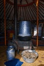 Life of the Mongolian Yurt. Interior of the nomad`s house. Mongol family at home. 06.09.2019. Gobi Desert, Mongolia