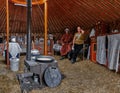 Life of the Mongolian Yurt. Interior of the nomad`s house. Mongol family at home. 06.09.2019. Gobi Desert, Mongolia