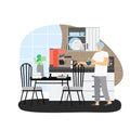 Daily life, morning routine. Young man having breakfast, flat vector illustration.